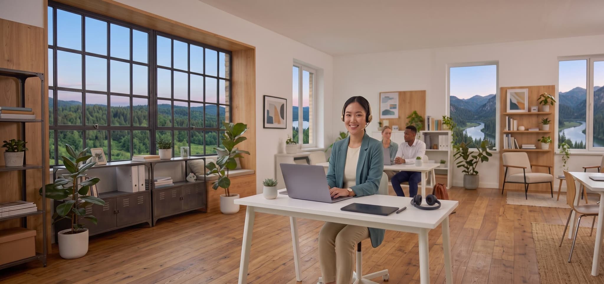 An Invenia Systems engineer at a support desk, headset on, with colleagues working behind