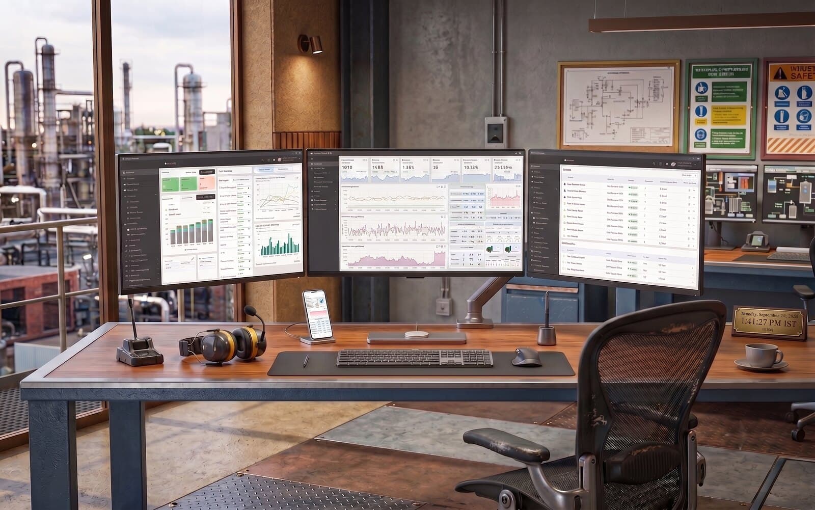 SENTIENT dashboards running on a control room desk overlooking a process plant